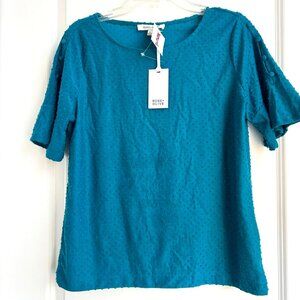 Rose & Olive Blue Textured Top Stylish Button Detail Medium Classic Teal NWT